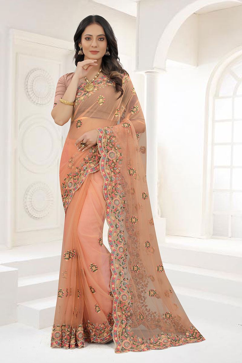 Irresistible Peach Colored Designer Saree