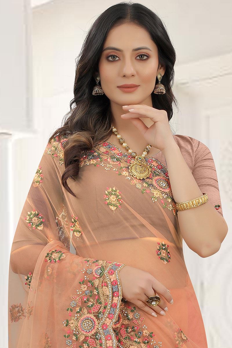 Irresistible Peach Colored Designer Saree