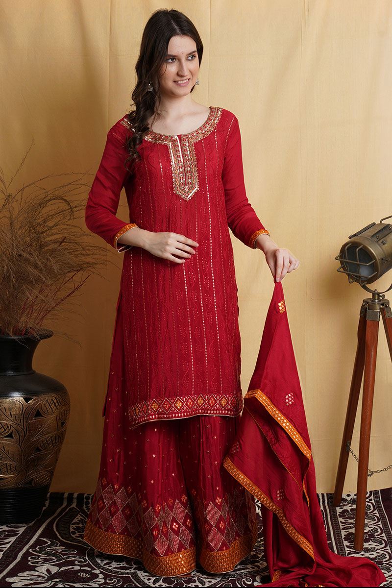 Creative Red Colored Designer Suit (Unstitched suit)