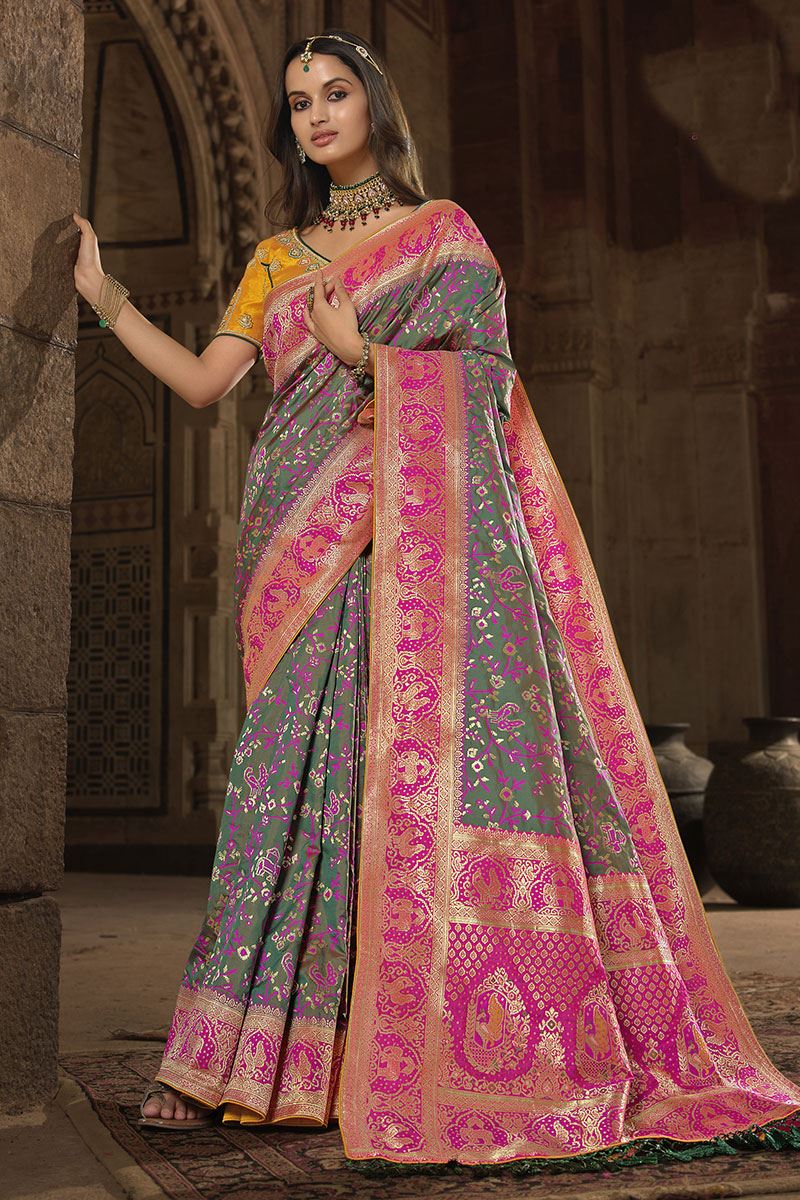 Creative Olive Green and Pink Colored Designer Silk Saree