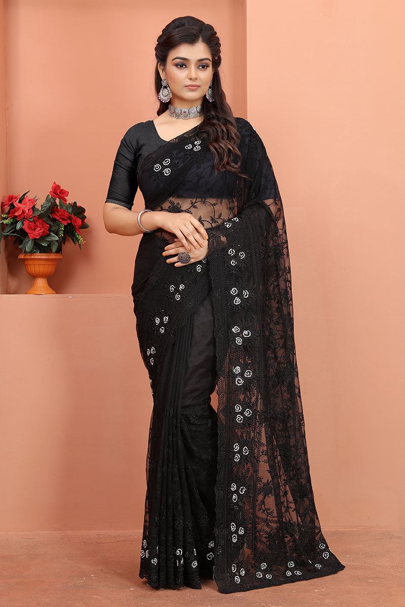 Striking Black Colored Designer Saree