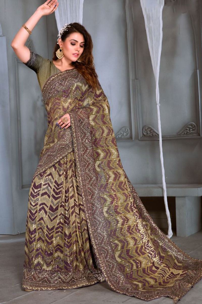 Mesmerizing Olive Green Colored Designer Saree