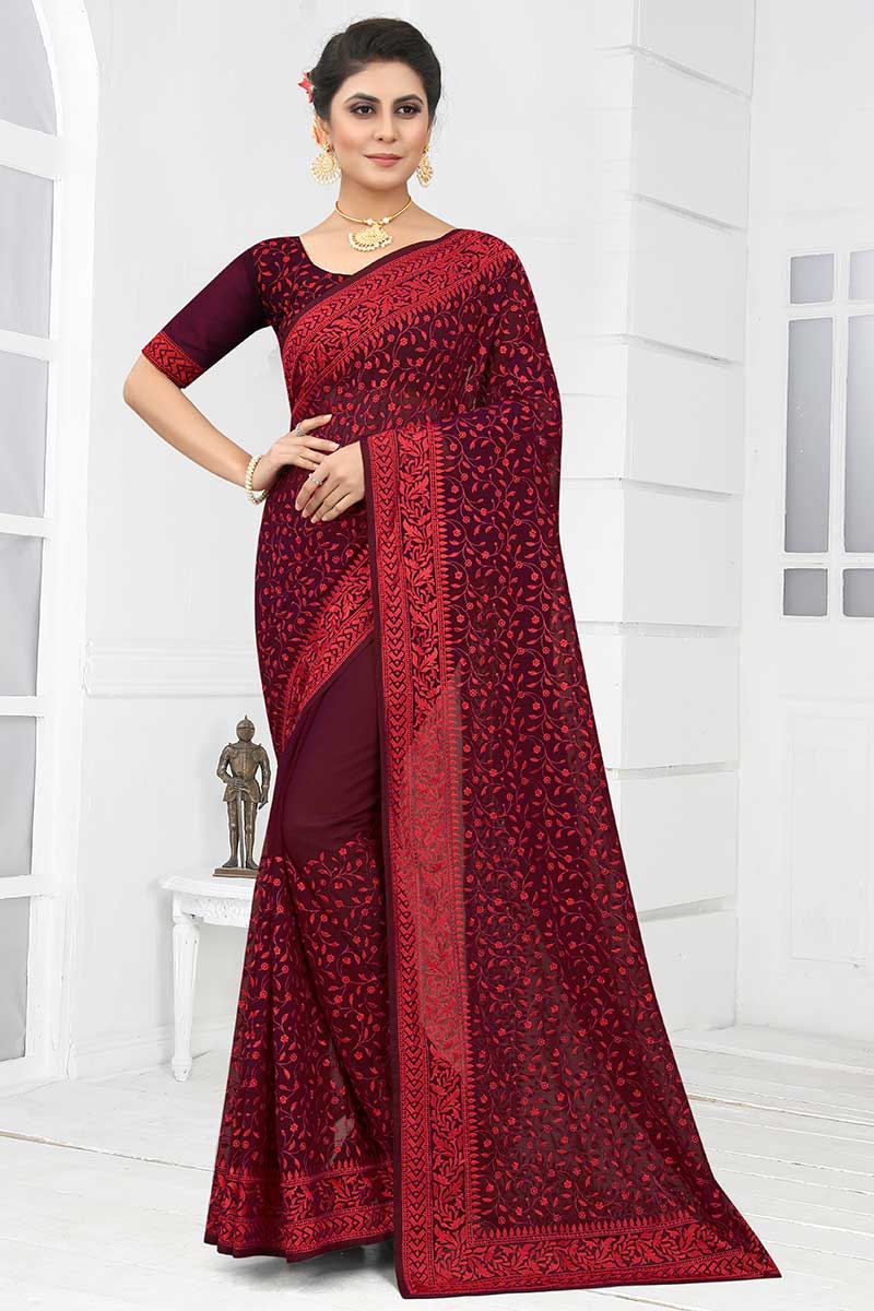 Delightful Wine Colored Designer Saree