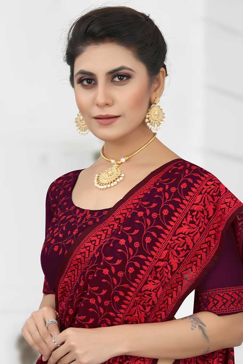 Delightful Wine Colored Designer Saree