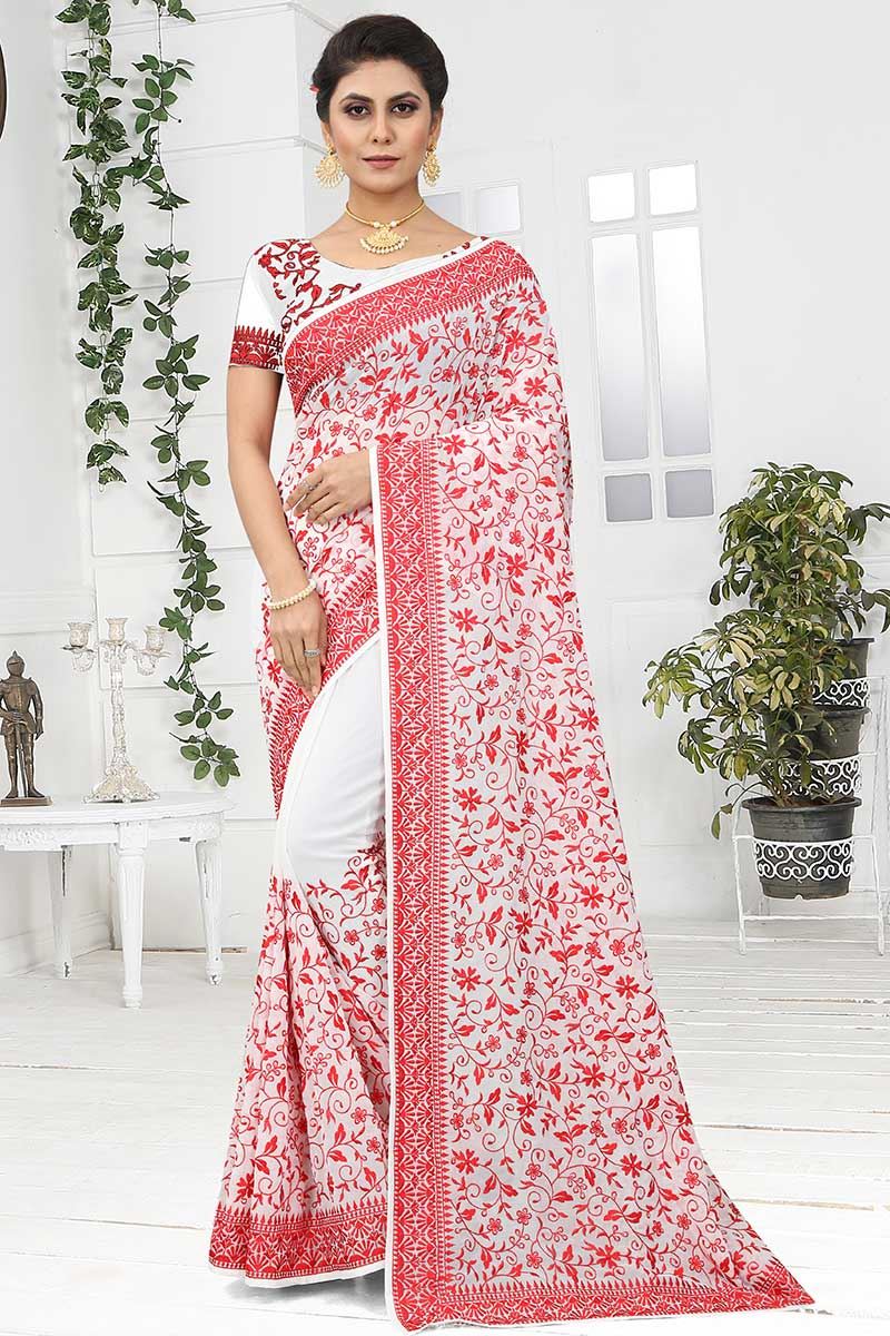 Aesthetic White Colored Designer Saree
