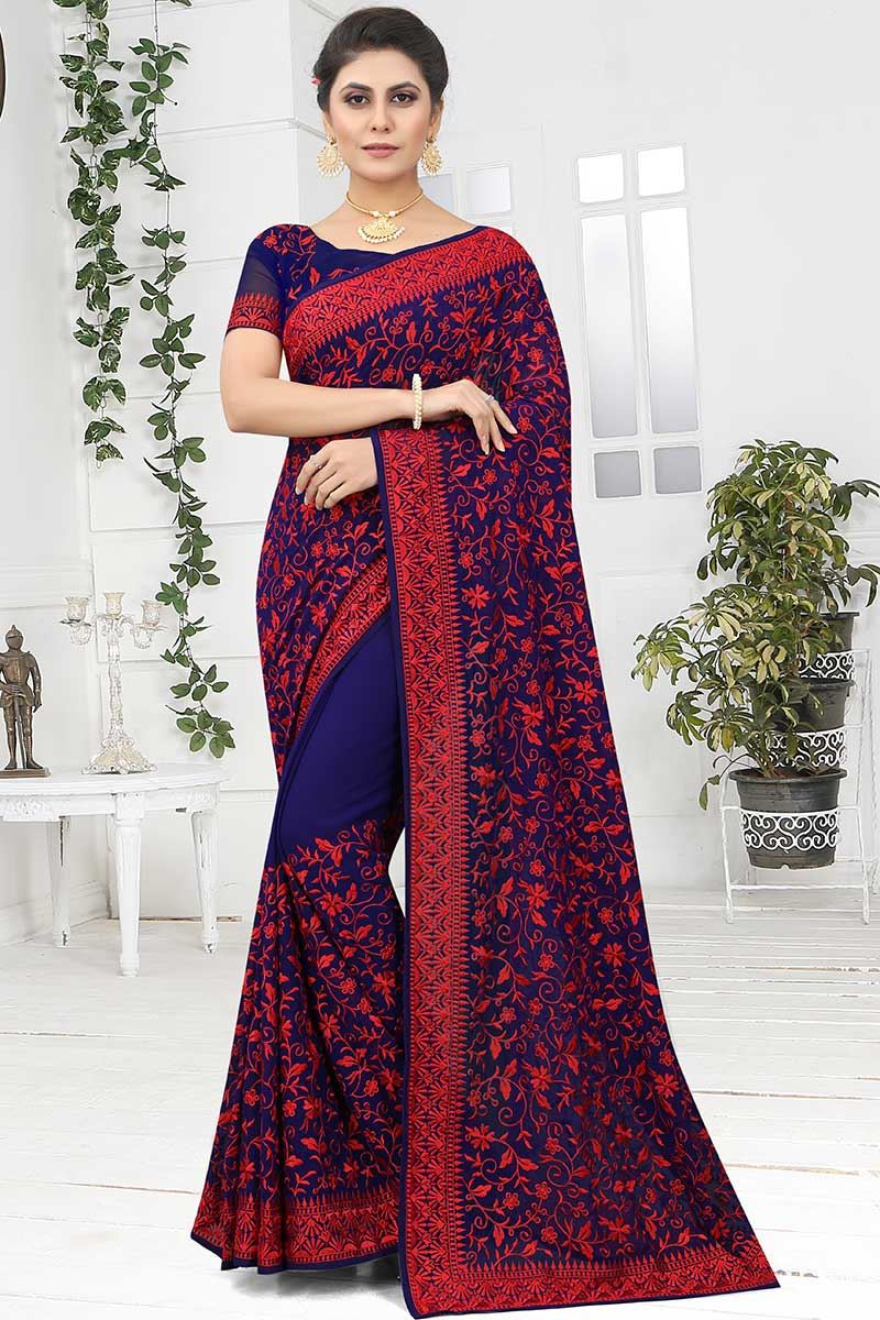 Attractive Navy Blue Colored Designer Saree