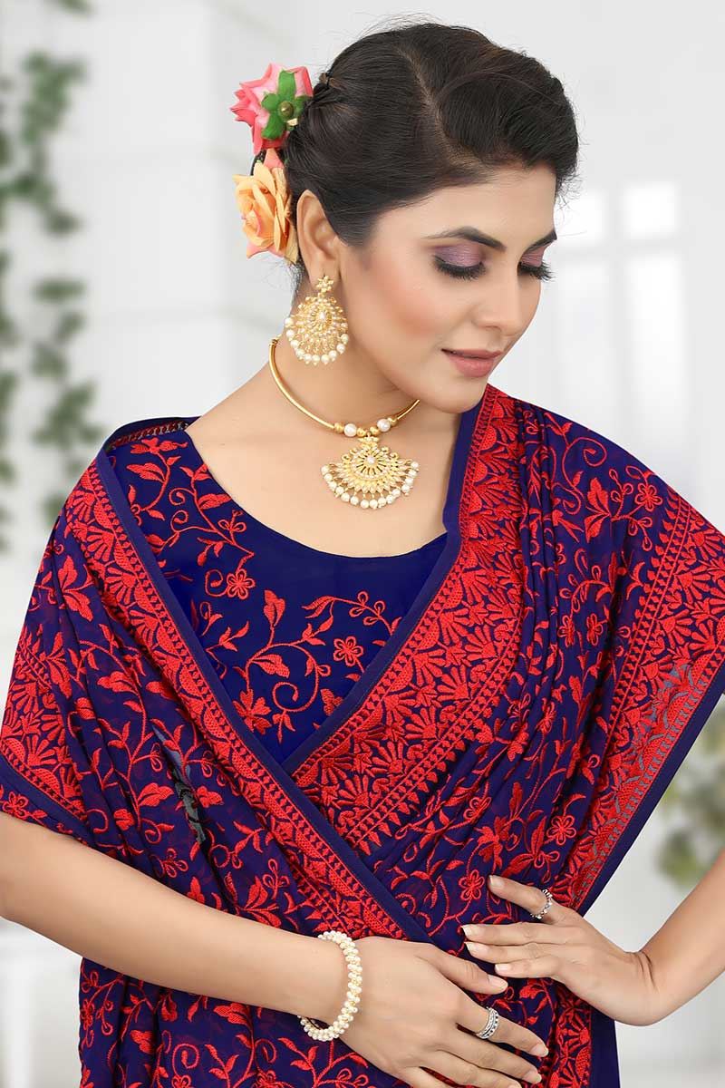 Attractive Navy Blue Colored Designer Saree