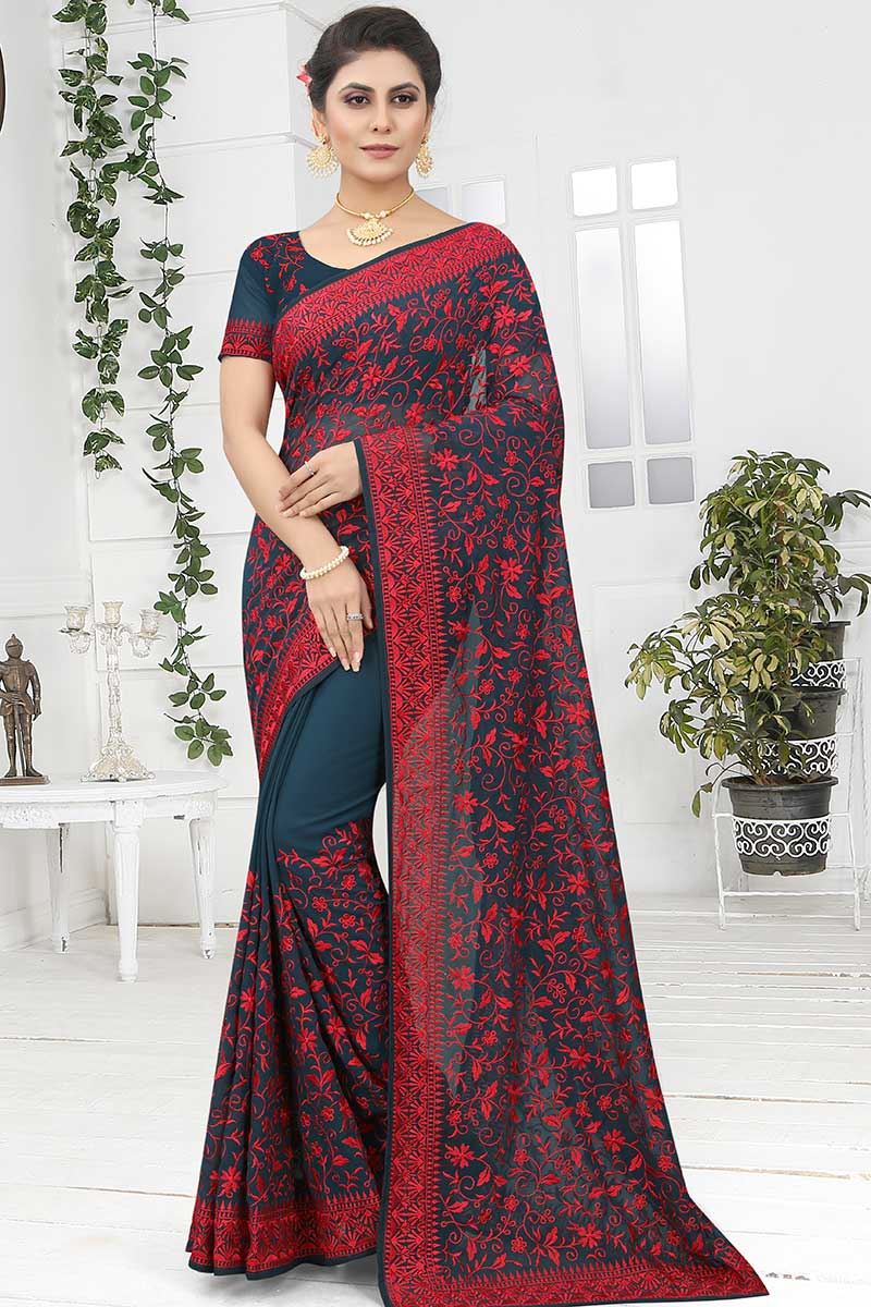 Exquisite Peacock Green Colored Designer Saree