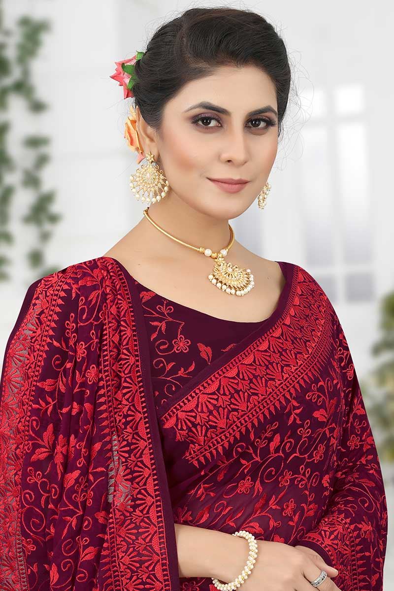 Glamorous Wine Colored Designer Saree