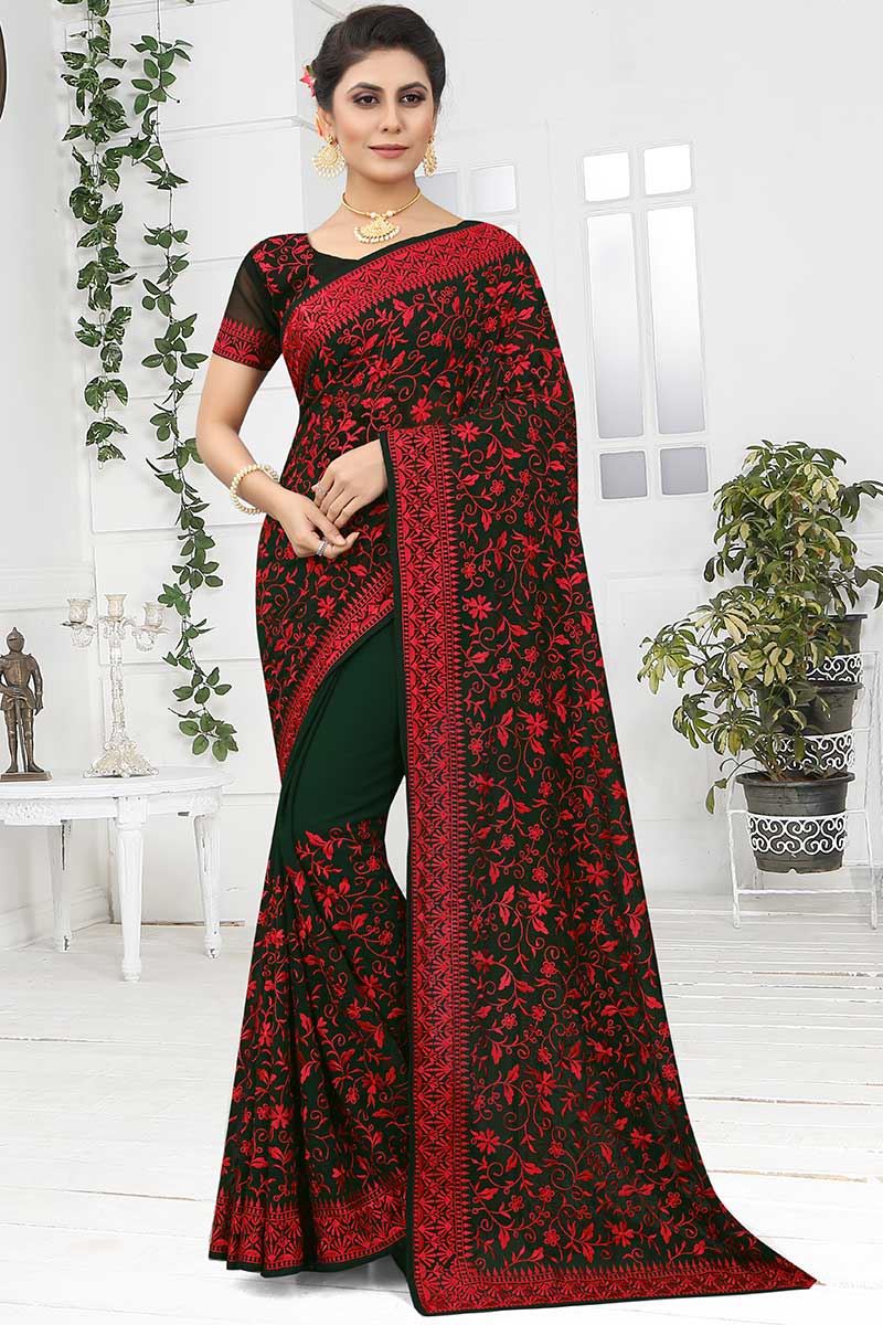 Charming Bottle Green Colored Designer Saree