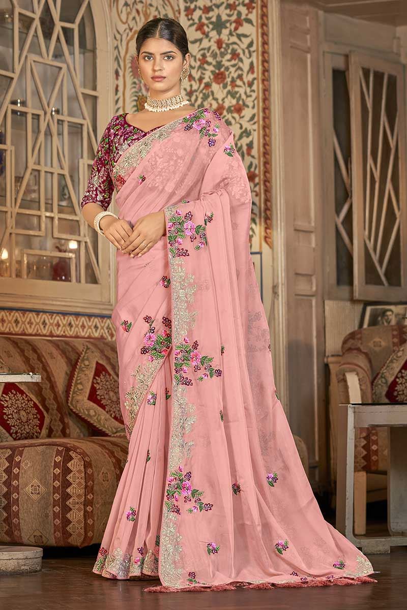 Aesthetic Baby Pink Colored Designer Saree