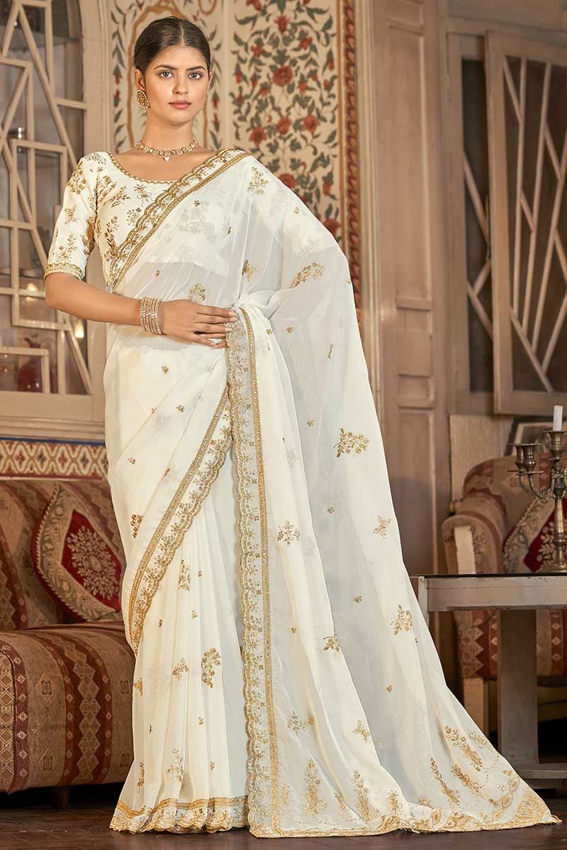 Beautiful White Colored Designer Saree
