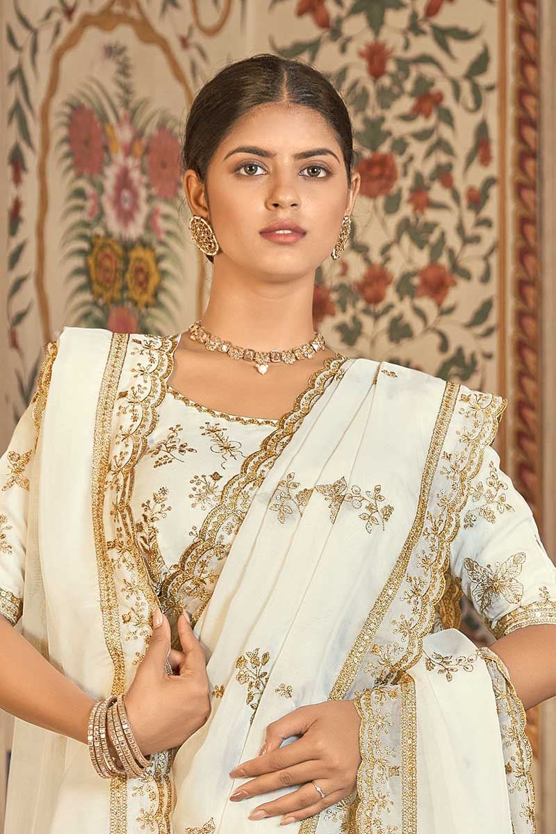 Beautiful White Colored Designer Saree