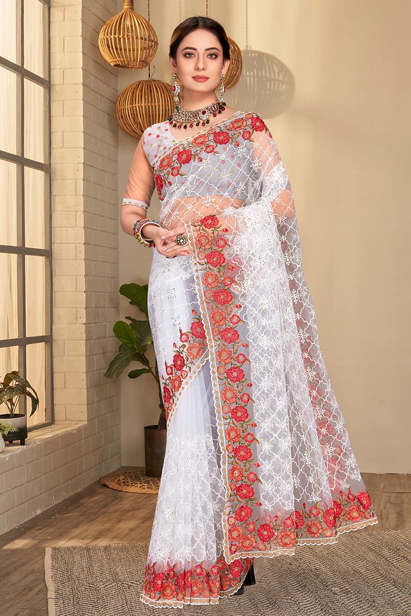 Aesthetic White Colored Designer Saree