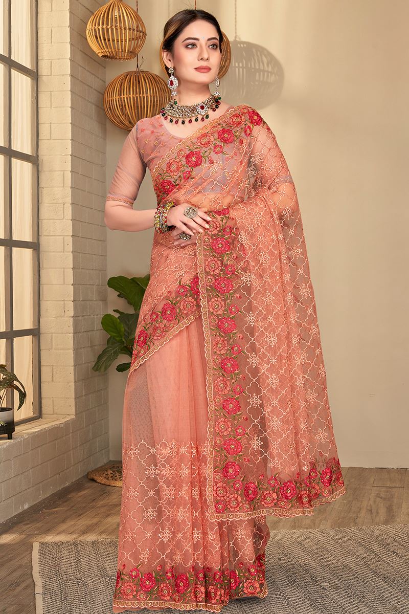 Exquisite Dusty Peach Colored Designer Saree