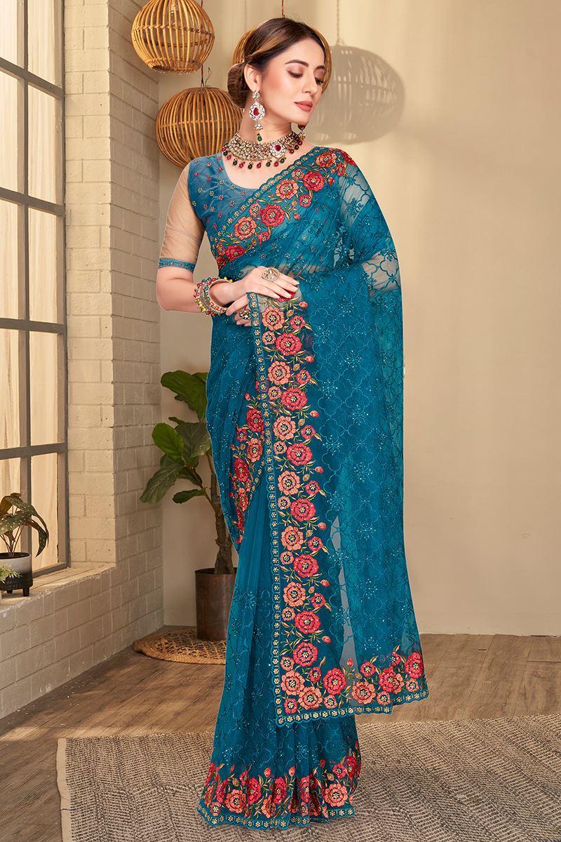 Glamorous Peacock Colored Designer Saree