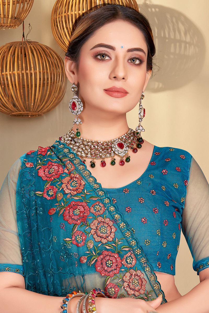 Glamorous Peacock Colored Designer Saree