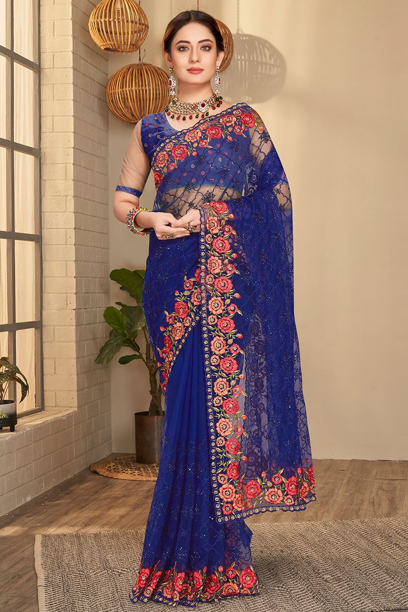 Exuberant Navy Blue Colored Designer Saree