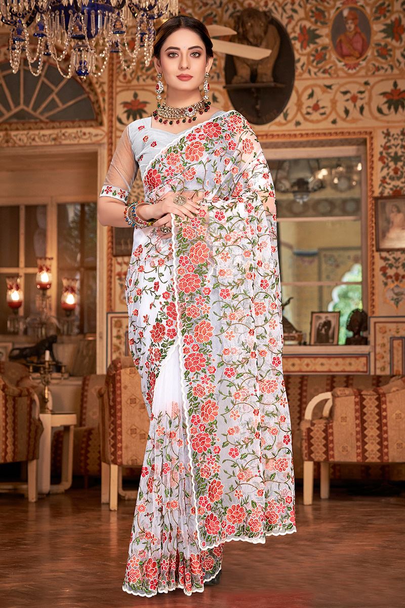 Artistic White Colored Designer Saree