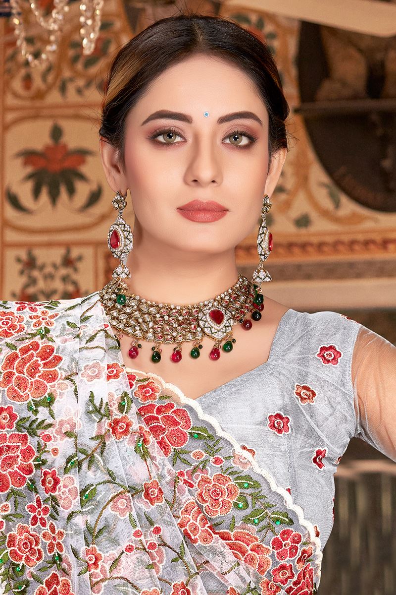 Artistic White Colored Designer Saree