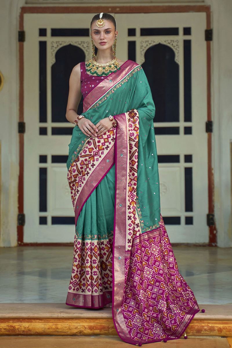 Astounding Green and Pink Colored Designer Saree