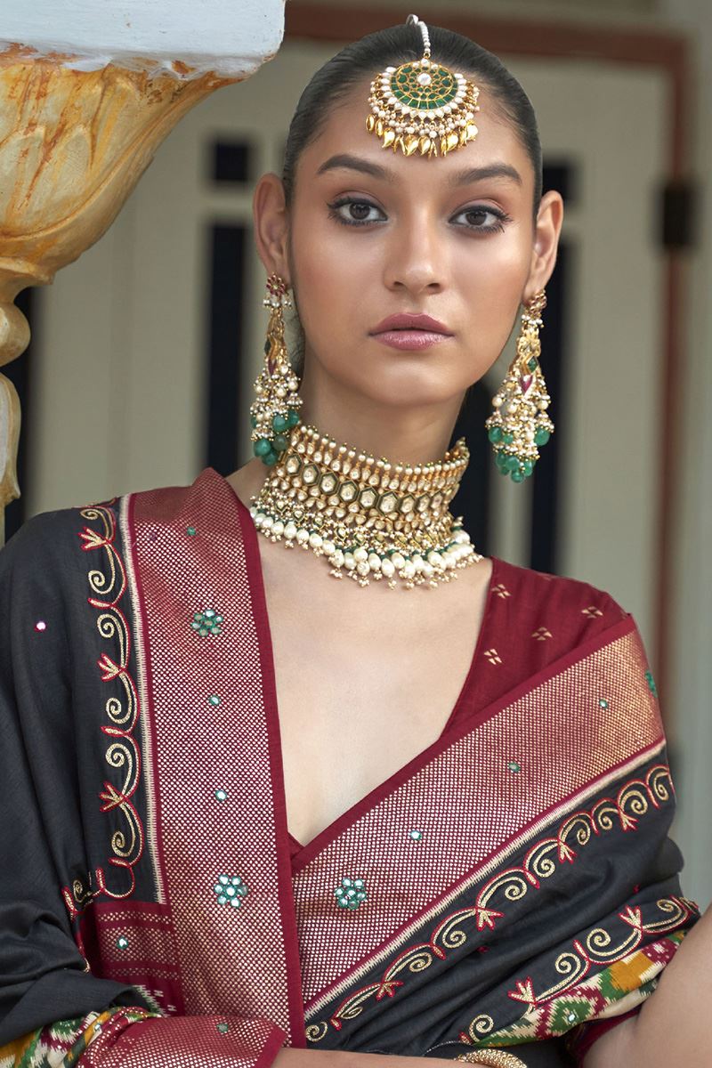 Impressive Black and Maroon Colored Designer Saree