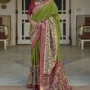 Delightful Parrot Green and Maroon Colored Designer Saree