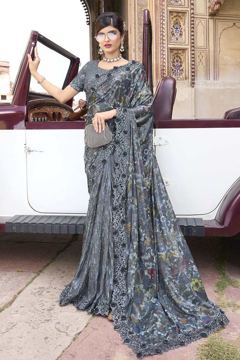 Stunning Grey Colored Designer Saree