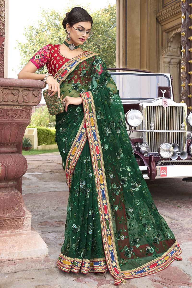Irresistible Green and Multi-Colored Designer Saree