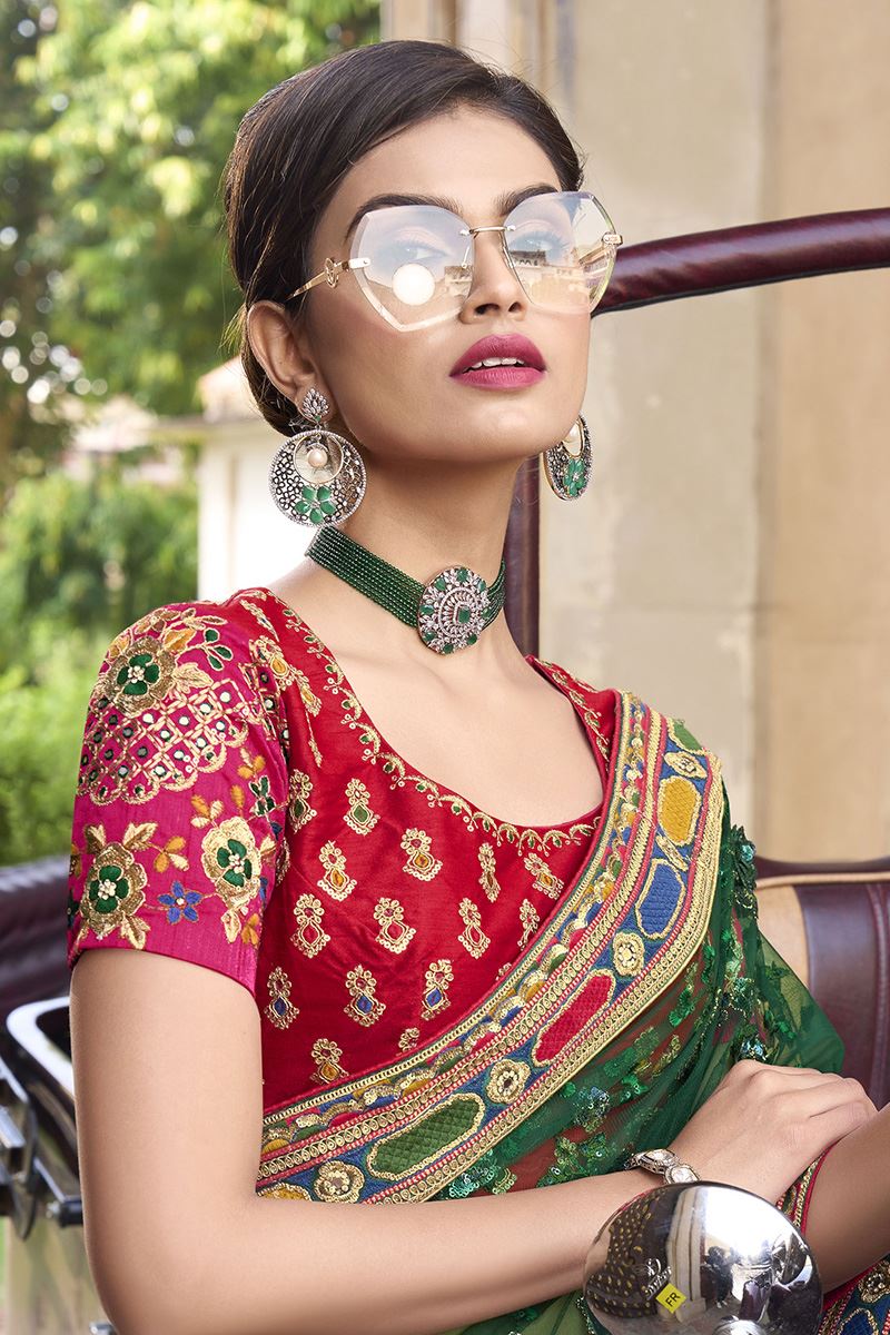 Irresistible Green and Multi-Colored Designer Saree