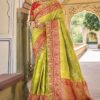 Magnificent Parrot Green and Red Colored Designer Saree