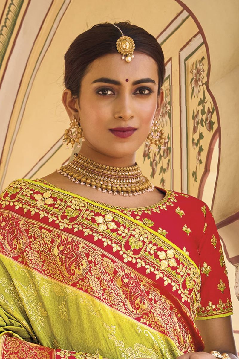 Magnificent Parrot Green and Red Colored Designer Saree