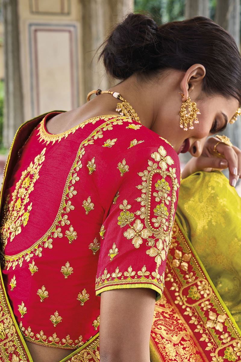 Magnificent Parrot Green and Red Colored Designer Saree