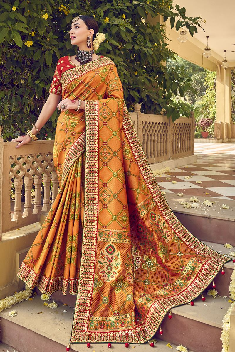 Aesthetic Orange and Red Colored Designer Saree