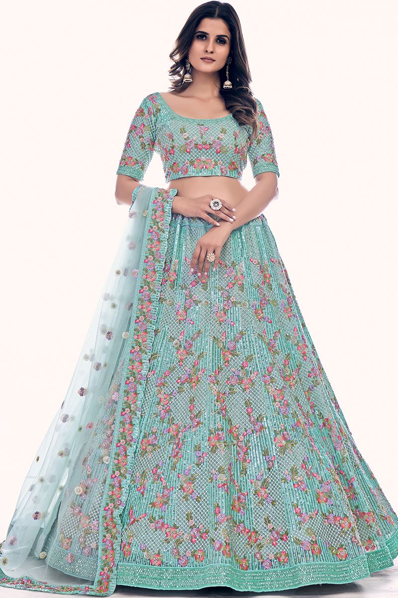 Breathtaking Firozi Colored Designer Lehenga Choli