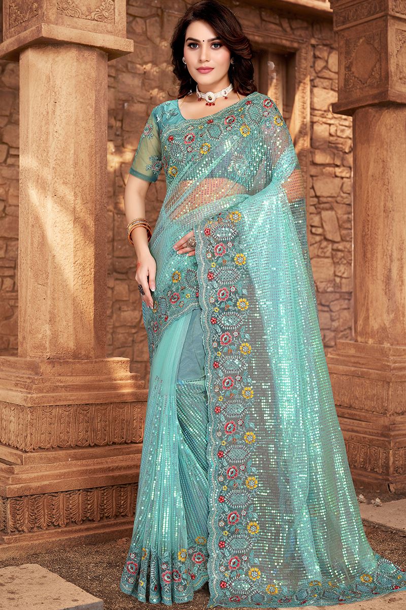 Flamboyant Sky Blue Colored Designer Silk Saree