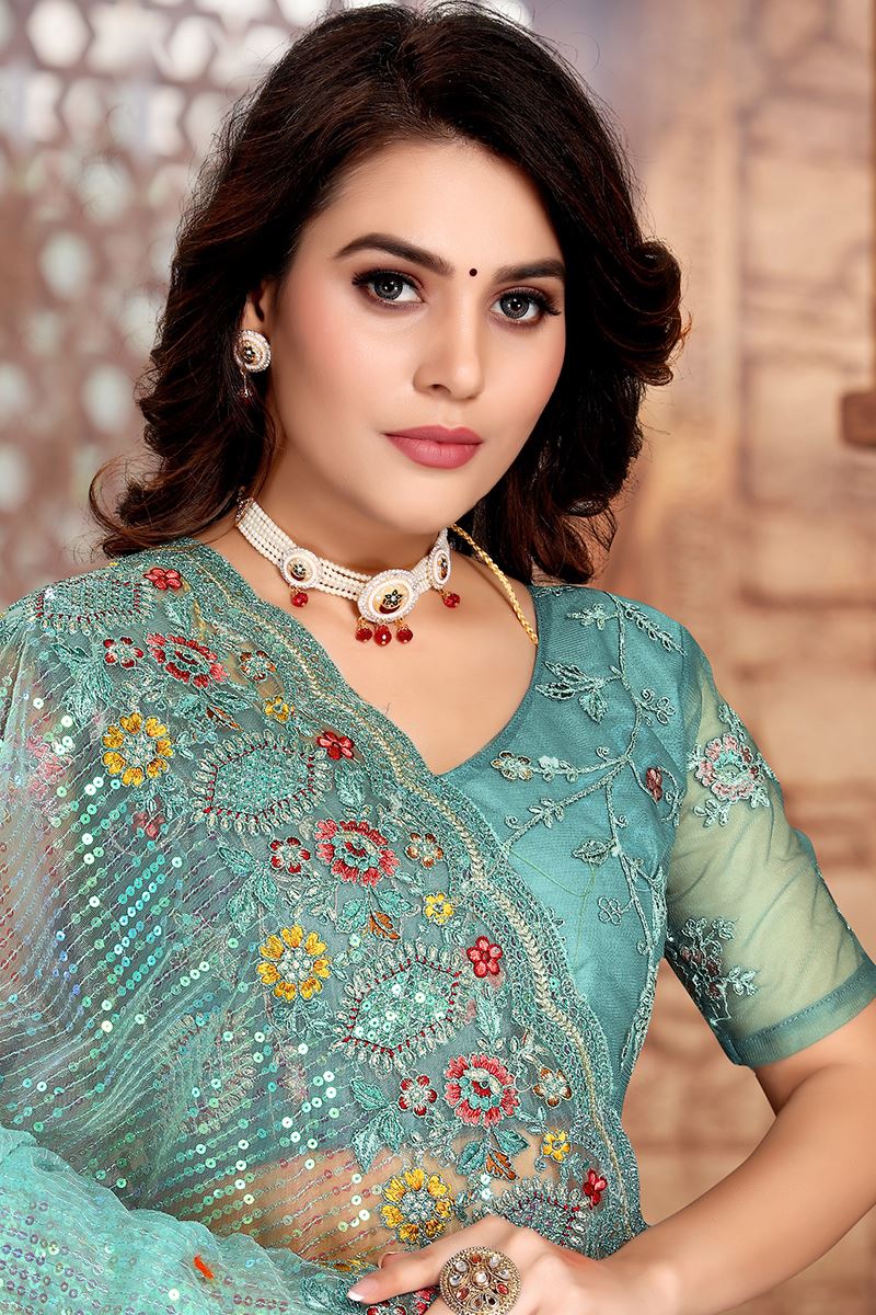 Flamboyant Sky Blue Colored Designer Silk Saree