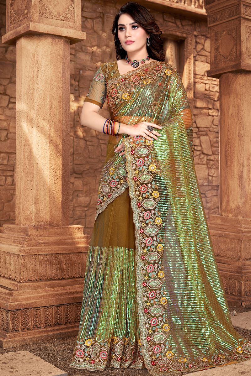 Amazing Mehendi Green Colored Designer Silk Saree