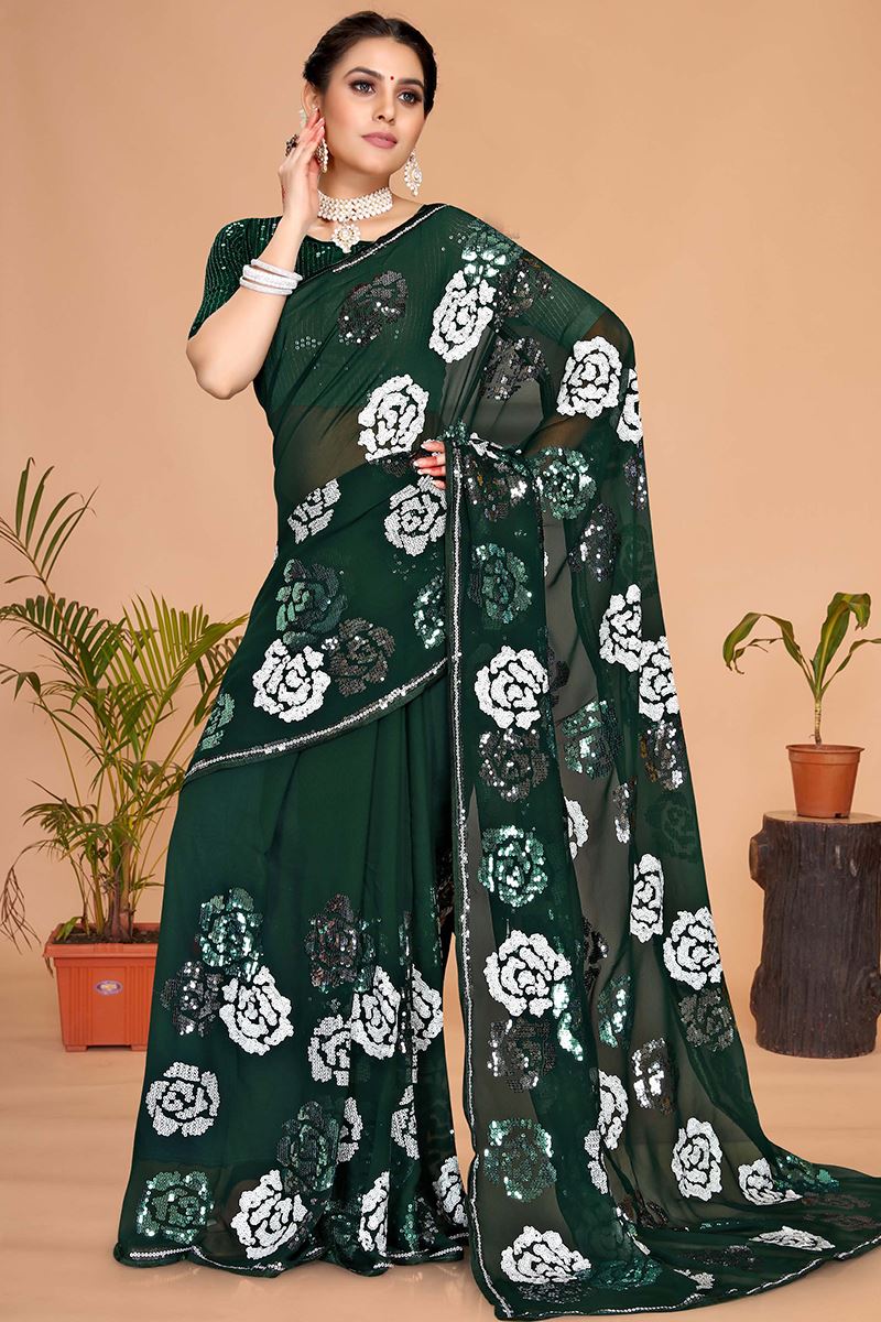 Delightful Bottle Green Colored Designer Saree
