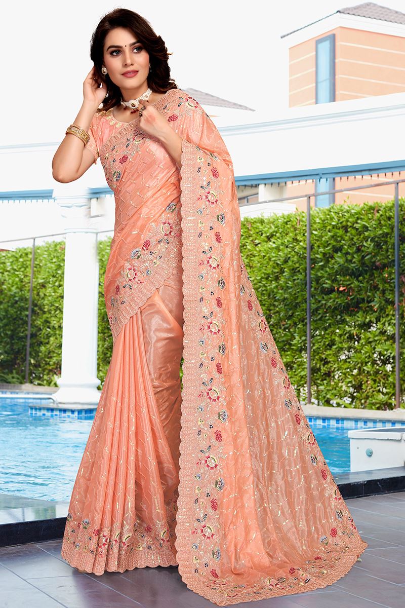 Fascinating Peach Colored Designer Silk Saree