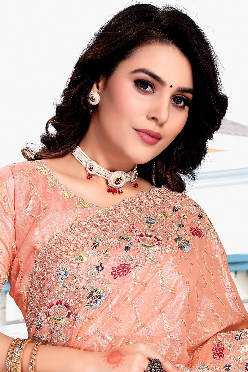 Fascinating Peach Colored Designer Silk Saree
