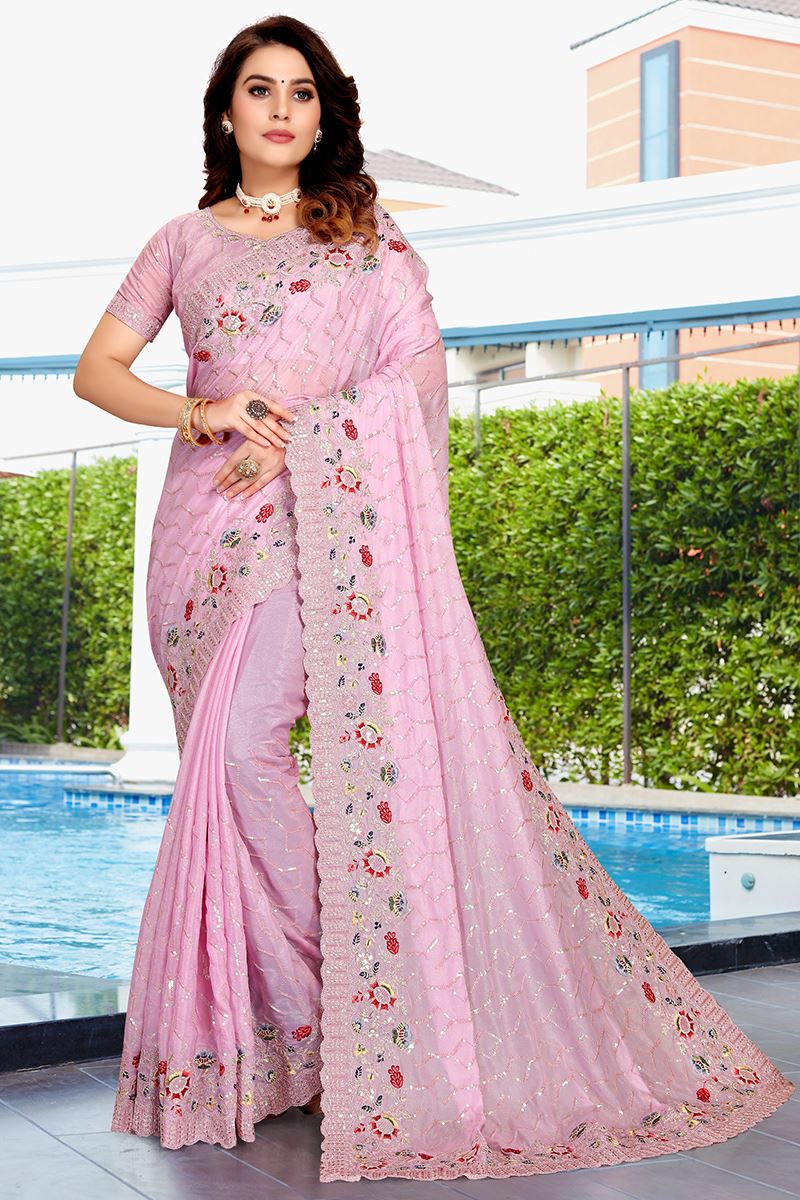 Dazzling Baby Pink Colored Designer Silk Saree