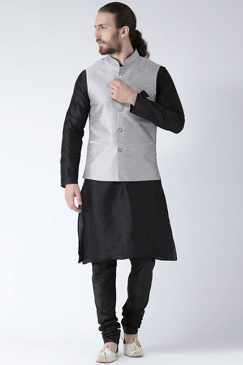 Stylish Black Colored Designer Kurta and Jacket Set