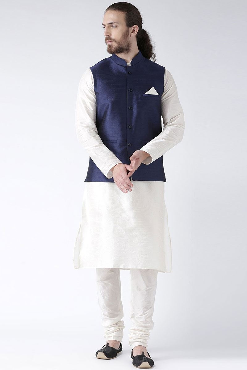 Dashing White Colored Designer Kurta and Jacket Set