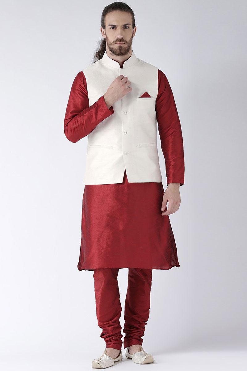 Attractive Maroon Colored Designer Kurta and Jacket Set