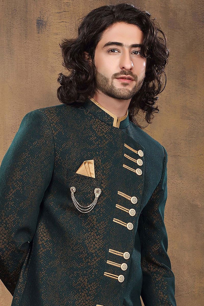 Impressive Rama Green Colored Designer Sherwani