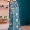 Vibrant Dusty Sky Blue Colored Designer Saree