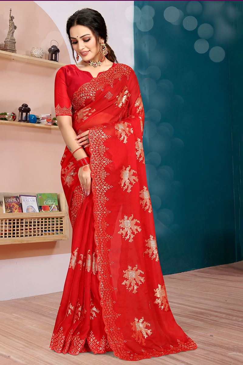 Amazing Red Colored Designer Saree