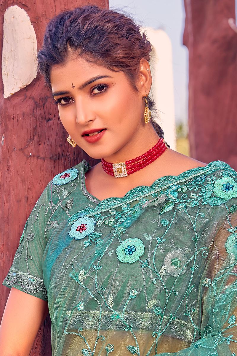 Magnificent Dusty Firozi Colored Designer Saree