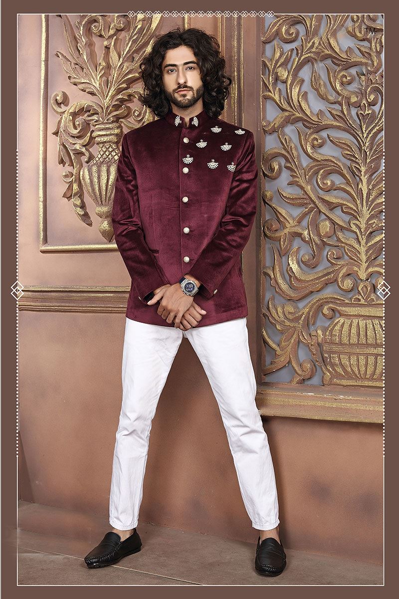 Fashionable Maroon Colored Designer Jodhpuri
